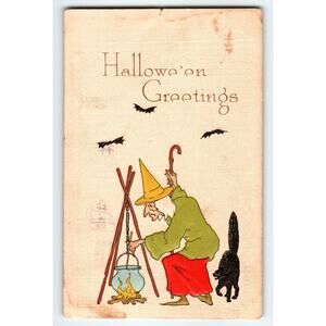 Vintage 1907-1915 Halloween Witch & Black Cat Divided Back Postcard Antique